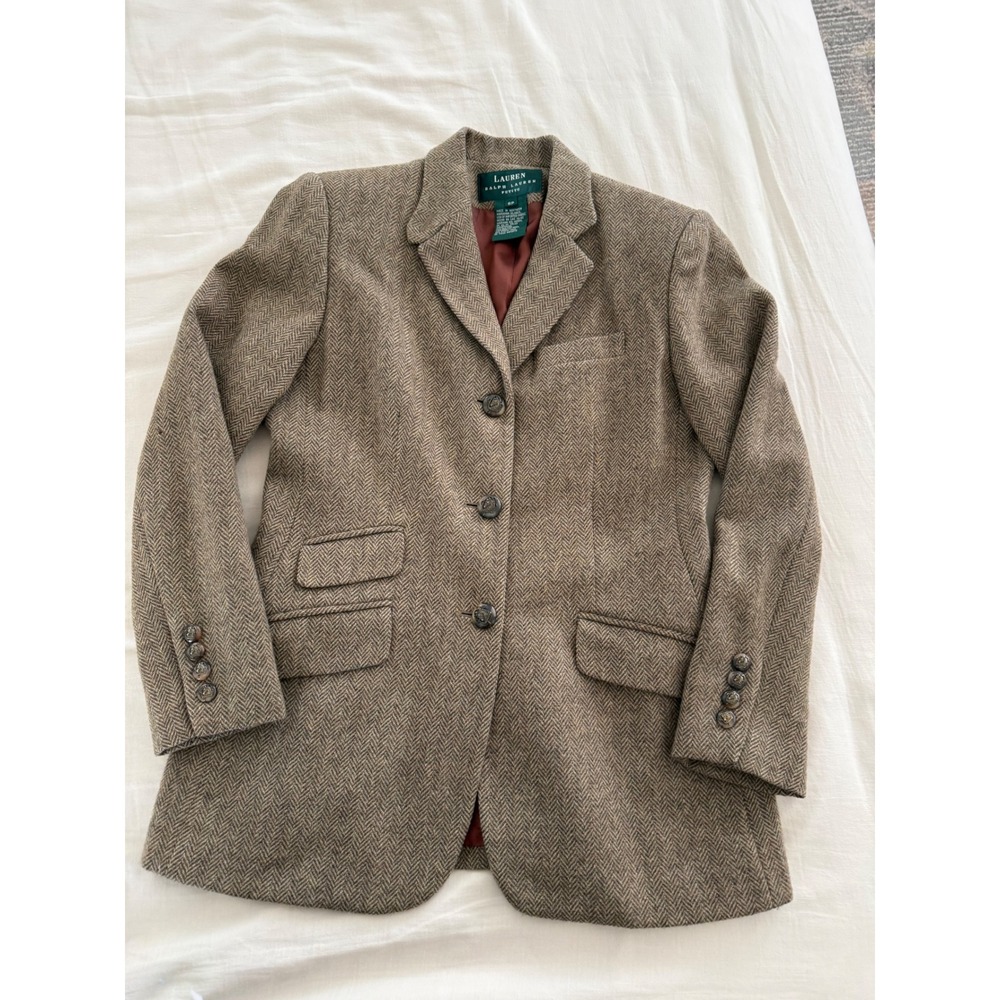 Lauren Ralph Lauren 6P Lambswool Herringbone Equestrian Blazer Heritage Brown - Picture 2 of 13